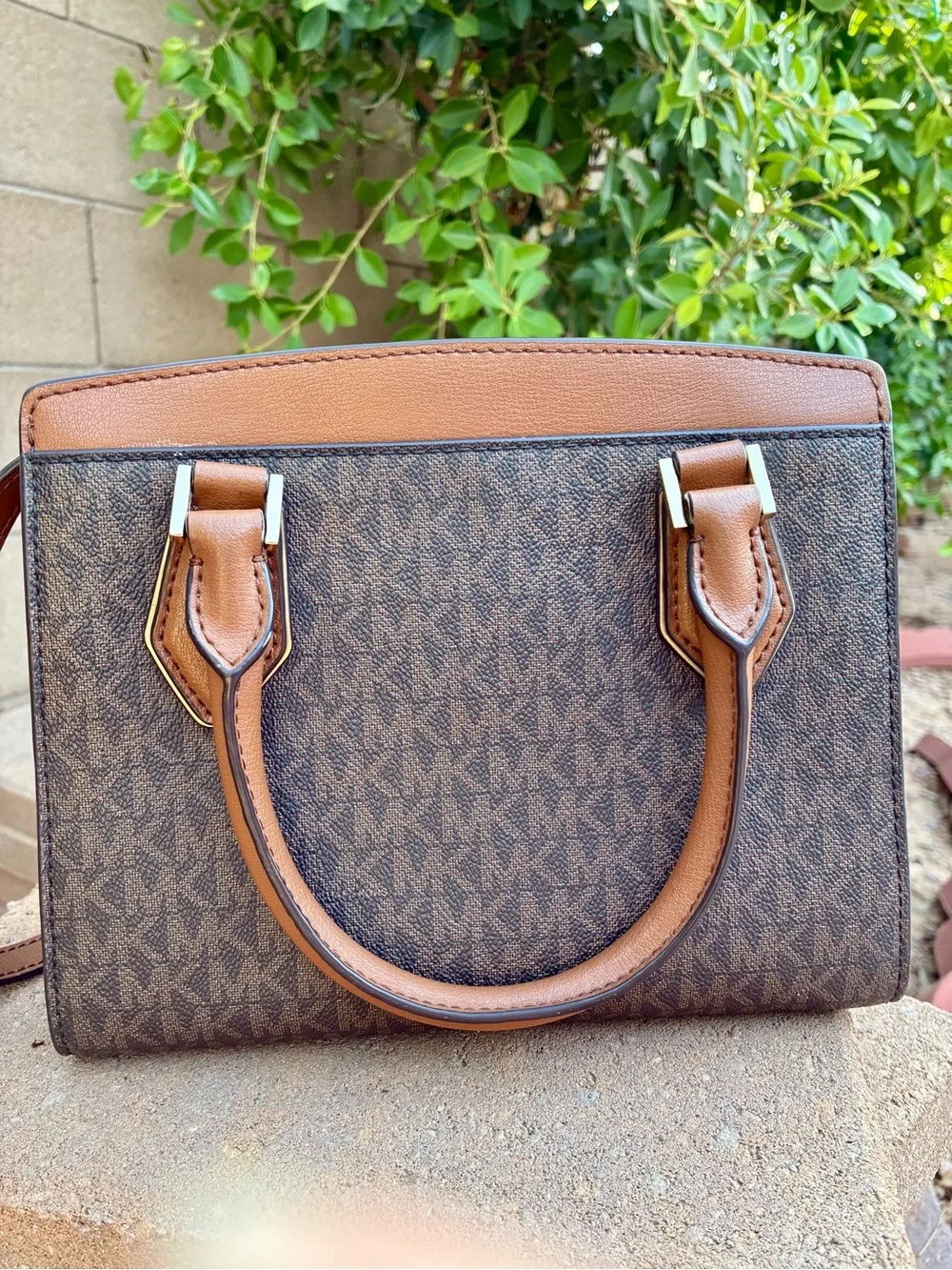 Michael Kors Brown and Tan Logo Satchel with Matching Zip Wallet